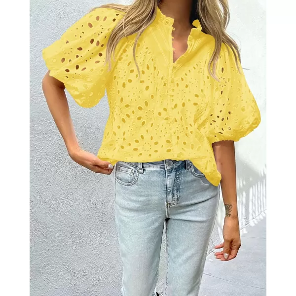 imagePRETTYGARDEN Womens Summer Tops Dressy Casual Short Lantern Sleeve V Neck Buttons Hollow Out Lace Embroidered Blouses ShirtsYellow