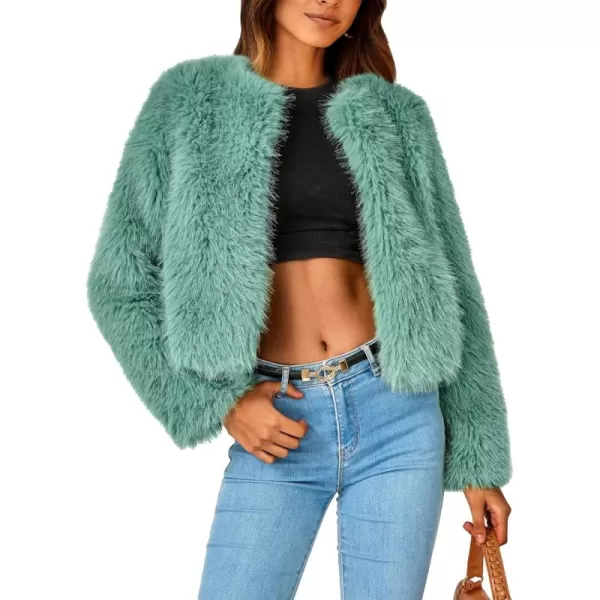 imagePRETTYGARDEN Womens 2024 Winter Coats Fleece Cropped Jacket Faux Fur Long Sleeve Pockets Shaggy Warm Outerwear Fall ClothesLight Green