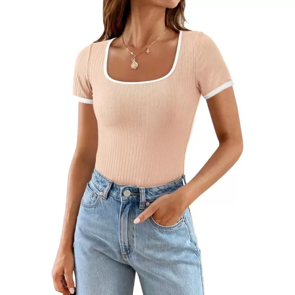 imagePRETTYGARDEN Womens Summer Short Sleeve T Shirts Ribbed Knit Square Neck Color Block Slim Fit Basic Casual Crop Tops BlousesApricot