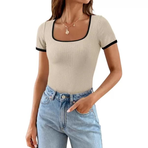 imagePRETTYGARDEN Womens Summer Short Sleeve T Shirts Ribbed Knit Square Neck Color Block Slim Fit Basic Casual Crop Tops BlousesBeige