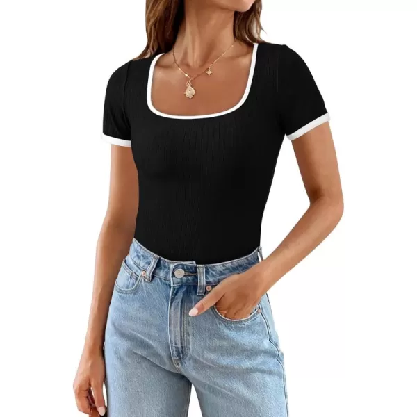 imagePRETTYGARDEN Womens Summer Short Sleeve T Shirts Ribbed Knit Square Neck Color Block Slim Fit Basic Casual Crop Tops BlousesBlack