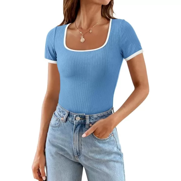 imagePRETTYGARDEN Womens Summer Short Sleeve T Shirts Ribbed Knit Square Neck Color Block Slim Fit Basic Casual Crop Tops BlousesBlue
