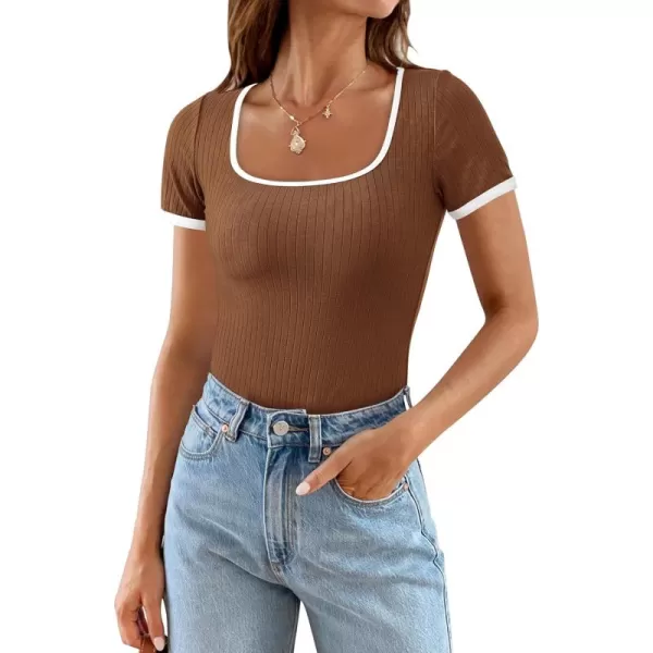 imagePRETTYGARDEN Womens Summer Short Sleeve T Shirts Ribbed Knit Square Neck Color Block Slim Fit Basic Casual Crop Tops BlousesBrown