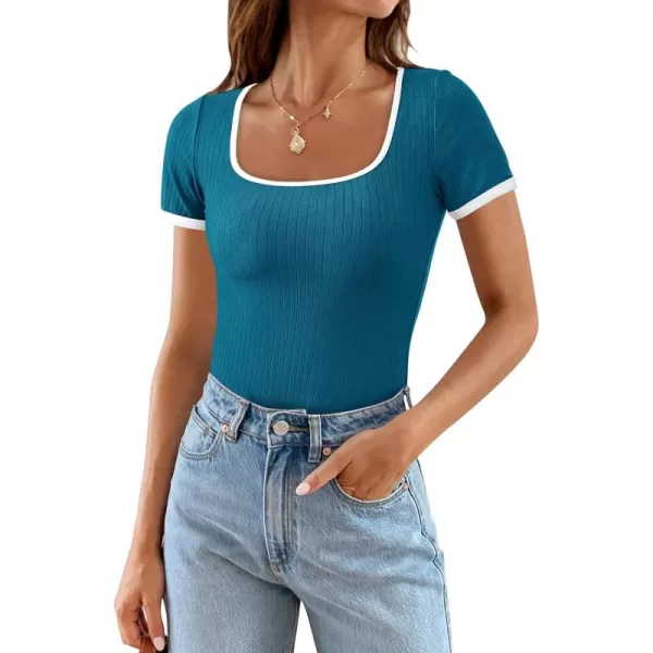 imagePRETTYGARDEN Womens Summer Short Sleeve T Shirts Ribbed Knit Square Neck Color Block Slim Fit Basic Casual Crop Tops BlousesDark Blue