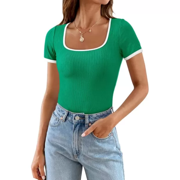imagePRETTYGARDEN Womens Summer Short Sleeve T Shirts Ribbed Knit Square Neck Color Block Slim Fit Basic Casual Crop Tops BlousesGreen
