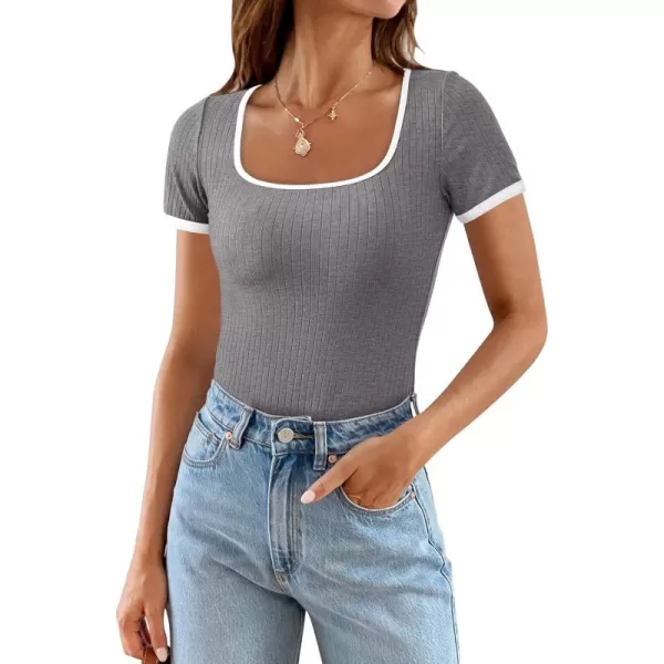 imagePRETTYGARDEN Womens Summer Short Sleeve T Shirts Ribbed Knit Square Neck Color Block Slim Fit Basic Casual Crop Tops BlousesGrey