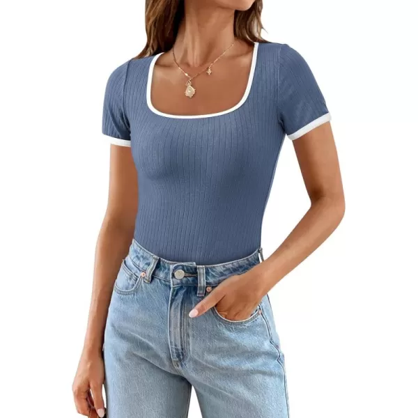 imagePRETTYGARDEN Womens Summer Short Sleeve T Shirts Ribbed Knit Square Neck Color Block Slim Fit Basic Casual Crop Tops BlousesGrey Blue