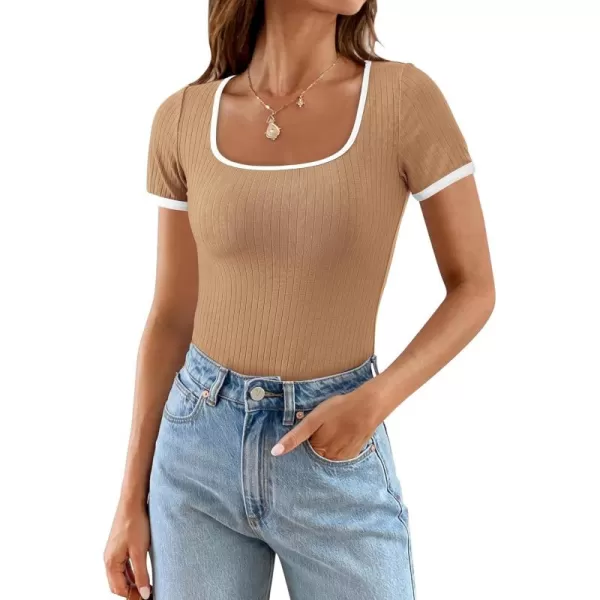 imagePRETTYGARDEN Womens Summer Short Sleeve T Shirts Ribbed Knit Square Neck Color Block Slim Fit Basic Casual Crop Tops BlousesKhaki