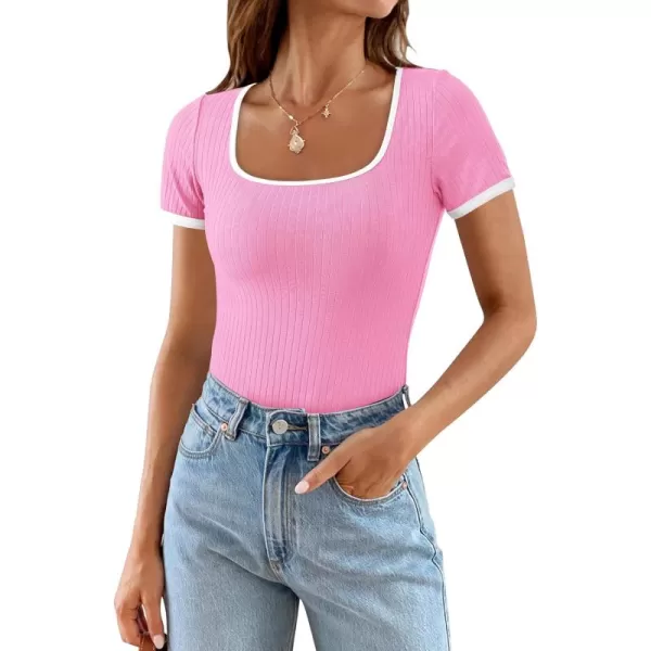 imagePRETTYGARDEN Womens Summer Short Sleeve T Shirts Ribbed Knit Square Neck Color Block Slim Fit Basic Casual Crop Tops BlousesLight Pink