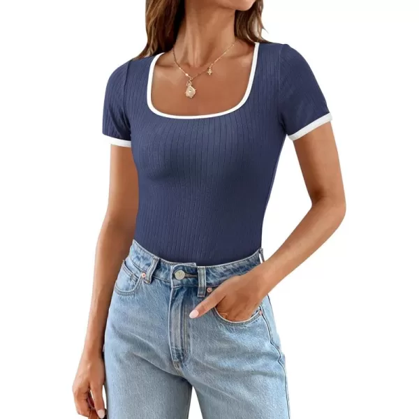 imagePRETTYGARDEN Womens Summer Short Sleeve T Shirts Ribbed Knit Square Neck Color Block Slim Fit Basic Casual Crop Tops BlousesNavy