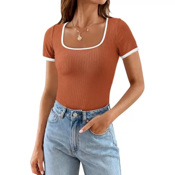 imagePRETTYGARDEN Womens Summer Short Sleeve T Shirts Ribbed Knit Square Neck Color Block Slim Fit Basic Casual Crop Tops BlousesRust Red