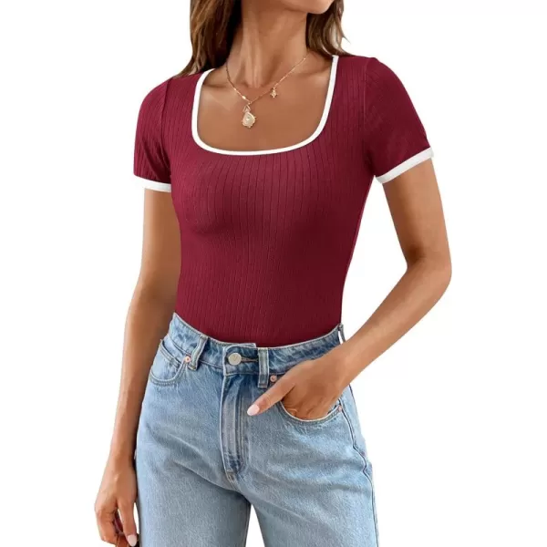 imagePRETTYGARDEN Womens Summer Short Sleeve T Shirts Ribbed Knit Square Neck Color Block Slim Fit Basic Casual Crop Tops BlousesWine Red