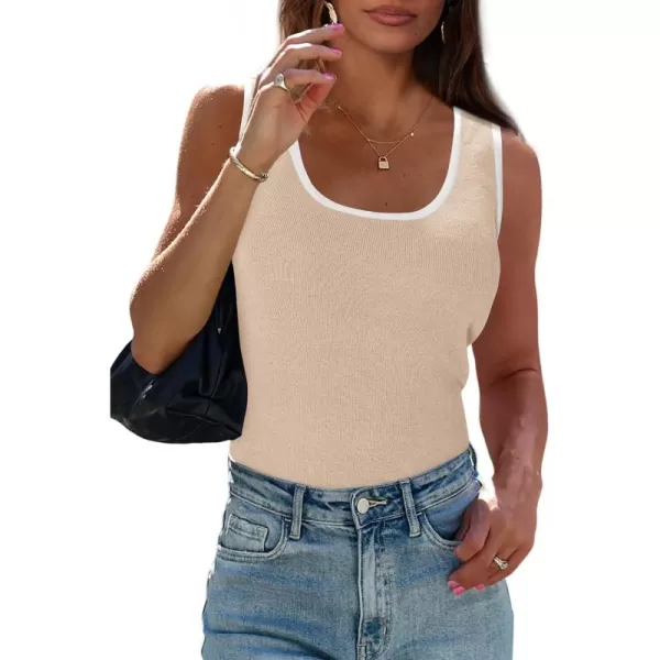 imagePRETTYGARDEN Womens Summer Tank Top Ribbed Knit Scoop Neck Sleeveless Color Block Slim Fitted Tops Basic Casual Tee ShirtsBeige