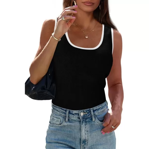 imagePRETTYGARDEN Womens Summer Tank Top Ribbed Knit Scoop Neck Sleeveless Color Block Slim Fitted Tops Basic Casual Tee ShirtsBlack
