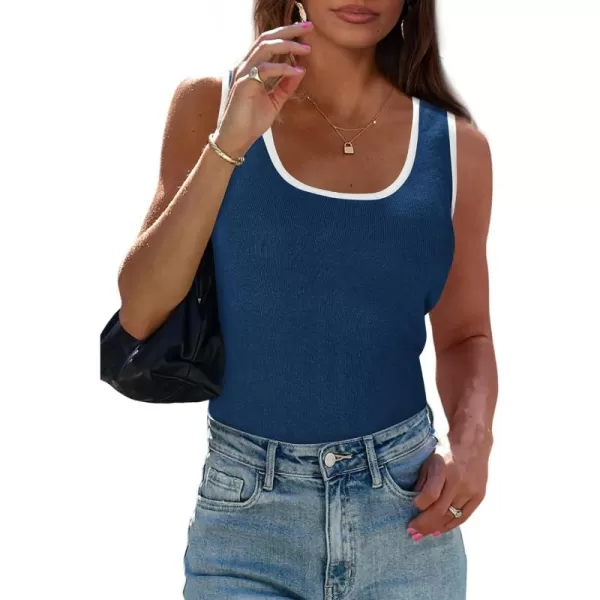 imagePRETTYGARDEN Womens Summer Tank Top Ribbed Knit Scoop Neck Sleeveless Color Block Slim Fitted Tops Basic Casual Tee ShirtsBlue