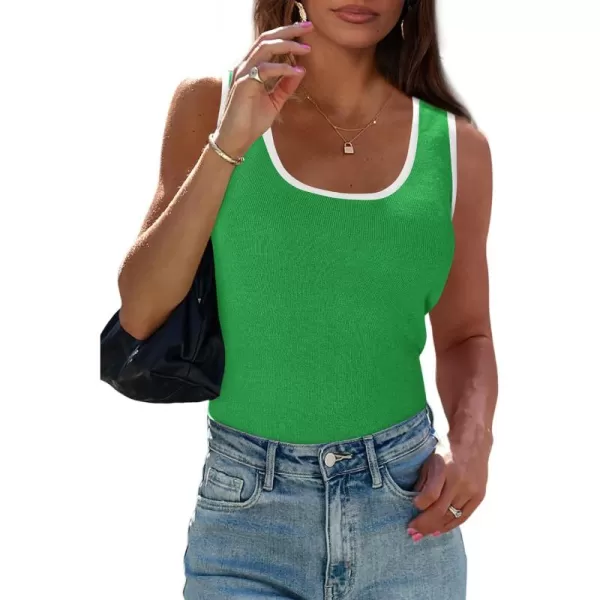 imagePRETTYGARDEN Womens Summer Tank Top Ribbed Knit Scoop Neck Sleeveless Color Block Slim Fitted Tops Basic Casual Tee ShirtsGreen