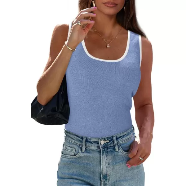 imagePRETTYGARDEN Womens Summer Tank Top Ribbed Knit Scoop Neck Sleeveless Color Block Slim Fitted Tops Basic Casual Tee ShirtsGrey Blue