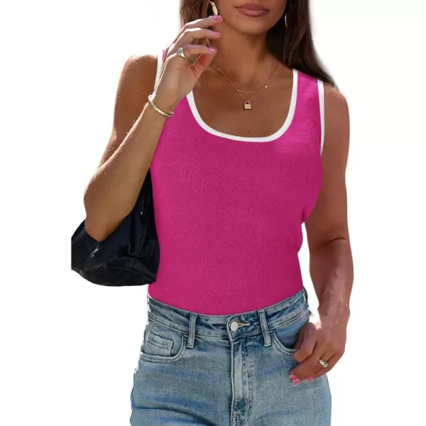 imagePRETTYGARDEN Womens Summer Tank Top Ribbed Knit Scoop Neck Sleeveless Color Block Slim Fitted Tops Basic Casual Tee ShirtsRose Red