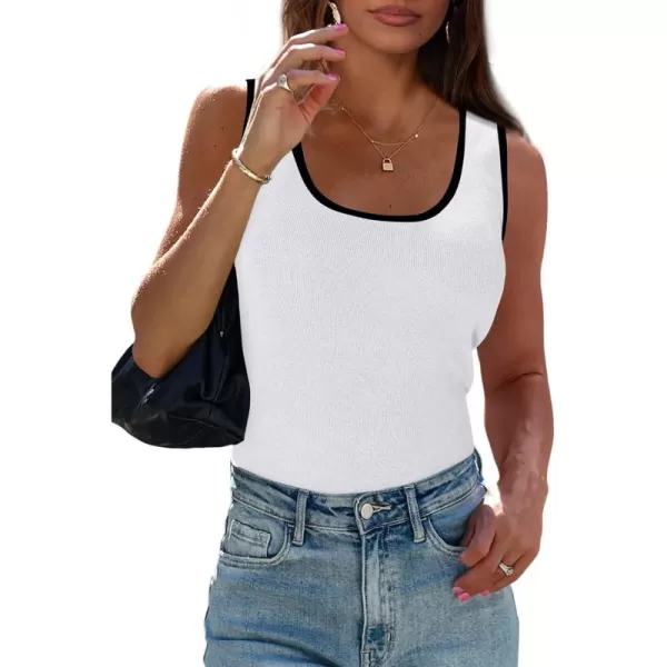 imagePRETTYGARDEN Womens Summer Tank Top Ribbed Knit Scoop Neck Sleeveless Color Block Slim Fitted Tops Basic Casual Tee ShirtsWhite