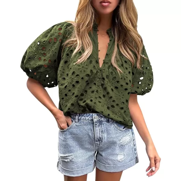 imagePRETTYGARDEN Womens Summer Tops Dressy Casual Short Lantern Sleeve V Neck Buttons Hollow Out Lace Embroidered Blouses ShirtsArmy Green