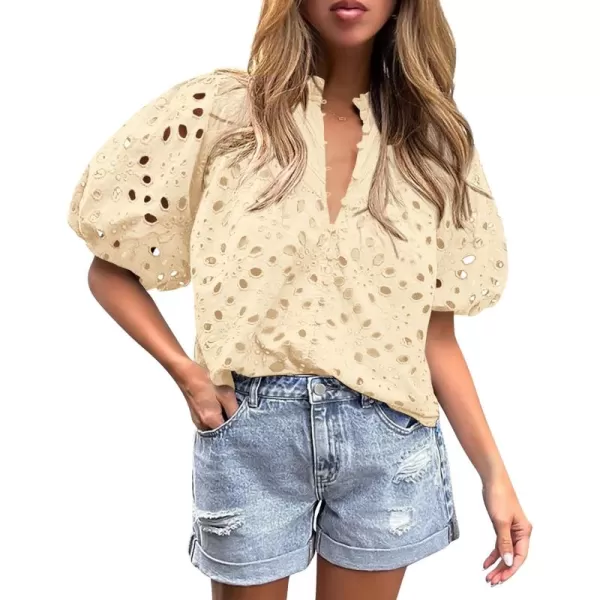 imagePRETTYGARDEN Womens Summer Tops Dressy Casual Short Lantern Sleeve V Neck Buttons Hollow Out Lace Embroidered Blouses ShirtsBeige