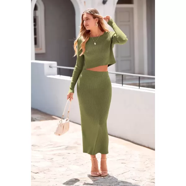 imagePRETTYGARDEN Womens Fall 2 Piece Sweater Set Rib Knit Long Sleeve Crop Top Maxi Bodycon Skirt Casual Winter OutfitsArmy Green