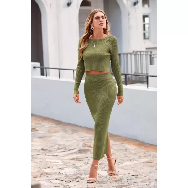 imagePRETTYGARDEN Womens Fall 2 Piece Sweater Set Rib Knit Long Sleeve Crop Top Maxi Bodycon Skirt Casual Winter OutfitsArmy Green
