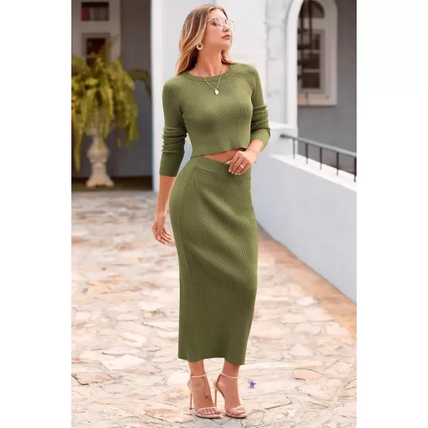 imagePRETTYGARDEN Womens Fall 2 Piece Sweater Set Rib Knit Long Sleeve Crop Top Maxi Bodycon Skirt Casual Winter OutfitsArmy Green