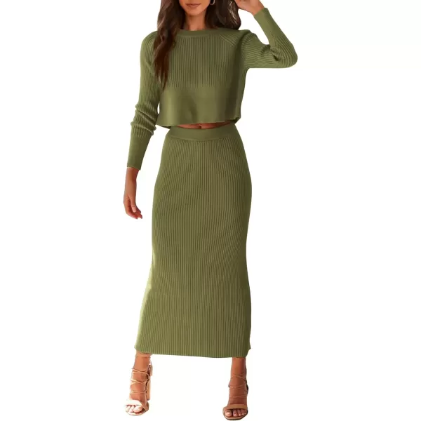 imagePRETTYGARDEN Womens Fall 2 Piece Sweater Set Rib Knit Long Sleeve Crop Top Maxi Bodycon Skirt Casual Winter OutfitsArmy Green