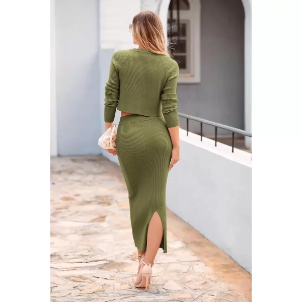 imagePRETTYGARDEN Womens Fall 2 Piece Sweater Set Rib Knit Long Sleeve Crop Top Maxi Bodycon Skirt Casual Winter OutfitsArmy Green