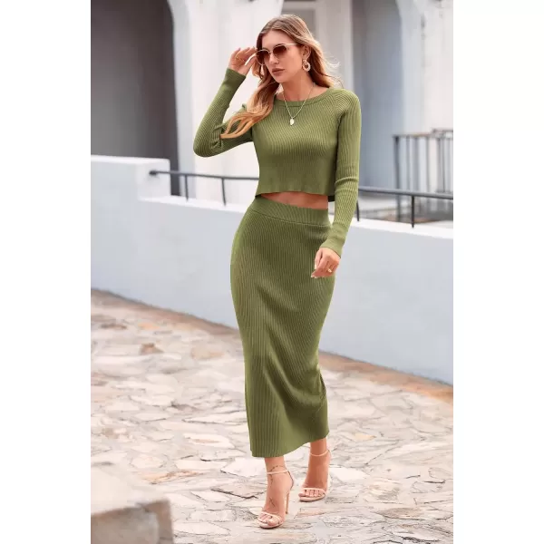 imagePRETTYGARDEN Womens Fall 2 Piece Sweater Set Rib Knit Long Sleeve Crop Top Maxi Bodycon Skirt Casual Winter OutfitsArmy Green