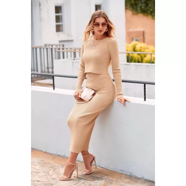 imagePRETTYGARDEN Womens Fall 2 Piece Sweater Set Rib Knit Long Sleeve Crop Top Maxi Bodycon Skirt Casual Winter OutfitsBeige