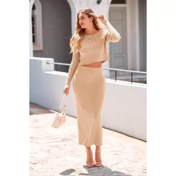 imagePRETTYGARDEN Womens Fall 2 Piece Sweater Set Rib Knit Long Sleeve Crop Top Maxi Bodycon Skirt Casual Winter OutfitsBeige