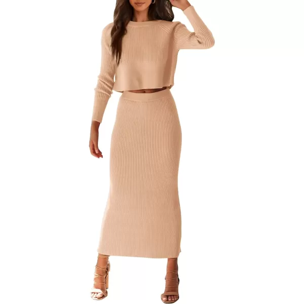 imagePRETTYGARDEN Womens Fall 2 Piece Sweater Set Rib Knit Long Sleeve Crop Top Maxi Bodycon Skirt Casual Winter OutfitsBeige