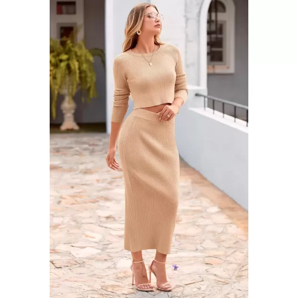 imagePRETTYGARDEN Womens Fall 2 Piece Sweater Set Rib Knit Long Sleeve Crop Top Maxi Bodycon Skirt Casual Winter OutfitsBeige