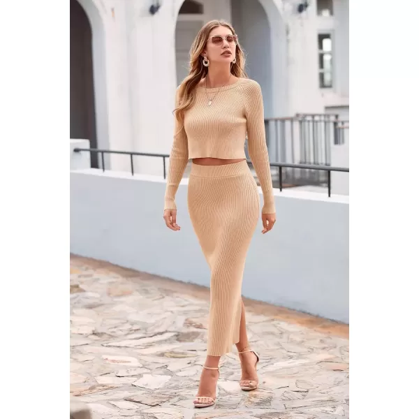 imagePRETTYGARDEN Womens Fall 2 Piece Sweater Set Rib Knit Long Sleeve Crop Top Maxi Bodycon Skirt Casual Winter OutfitsBeige