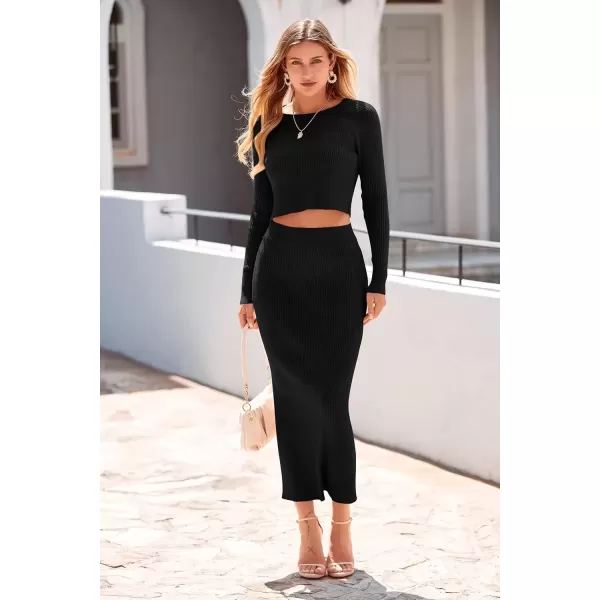 imagePRETTYGARDEN Womens Fall 2 Piece Sweater Set Rib Knit Long Sleeve Crop Top Maxi Bodycon Skirt Casual Winter OutfitsBlack