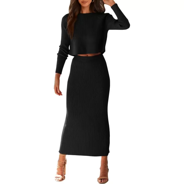 imagePRETTYGARDEN Womens Fall 2 Piece Sweater Set Rib Knit Long Sleeve Crop Top Maxi Bodycon Skirt Casual Winter OutfitsBlack