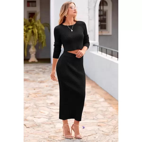 imagePRETTYGARDEN Womens Fall 2 Piece Sweater Set Rib Knit Long Sleeve Crop Top Maxi Bodycon Skirt Casual Winter OutfitsBlack