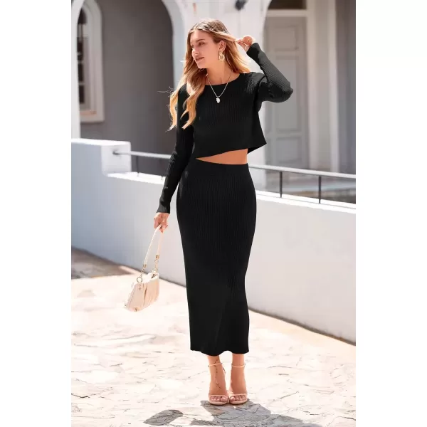 imagePRETTYGARDEN Womens Fall 2 Piece Sweater Set Rib Knit Long Sleeve Crop Top Maxi Bodycon Skirt Casual Winter OutfitsBlack