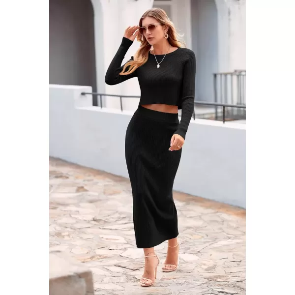 imagePRETTYGARDEN Womens Fall 2 Piece Sweater Set Rib Knit Long Sleeve Crop Top Maxi Bodycon Skirt Casual Winter OutfitsBlack