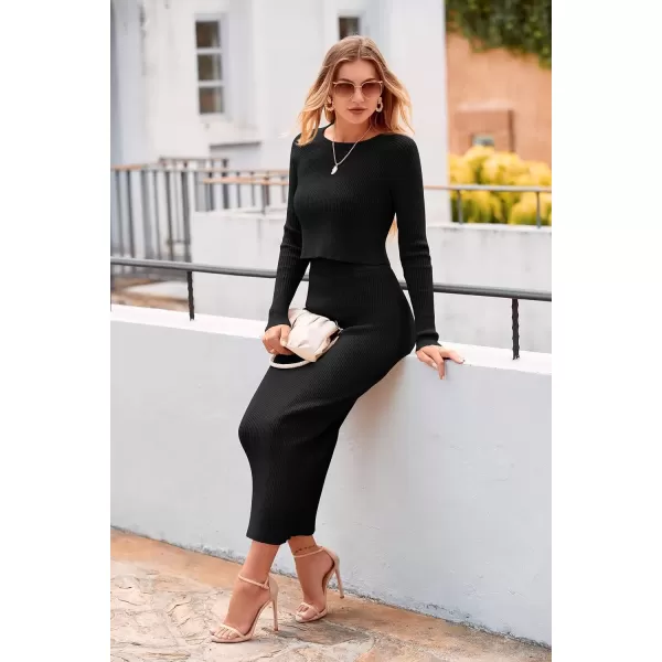 imagePRETTYGARDEN Womens Fall 2 Piece Sweater Set Rib Knit Long Sleeve Crop Top Maxi Bodycon Skirt Casual Winter OutfitsBlack