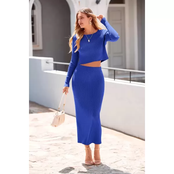 imagePRETTYGARDEN Womens Fall 2 Piece Sweater Set Rib Knit Long Sleeve Crop Top Maxi Bodycon Skirt Casual Winter OutfitsBlue