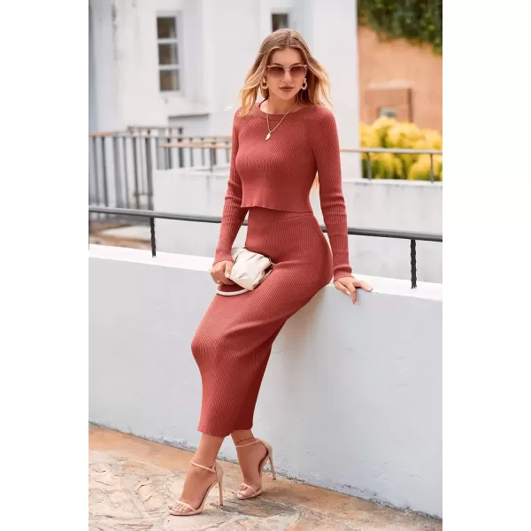 imagePRETTYGARDEN Womens Fall 2 Piece Sweater Set Rib Knit Long Sleeve Crop Top Maxi Bodycon Skirt Casual Winter OutfitsBrick Red