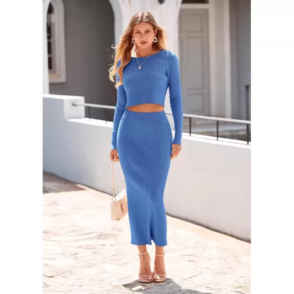imagePRETTYGARDEN Womens Fall 2 Piece Sweater Set Rib Knit Long Sleeve Crop Top Maxi Bodycon Skirt Casual Winter OutfitsBright Blue