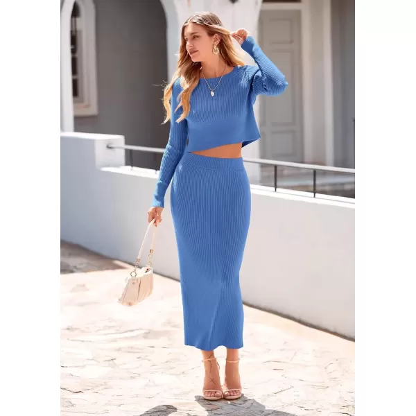 imagePRETTYGARDEN Womens Fall 2 Piece Sweater Set Rib Knit Long Sleeve Crop Top Maxi Bodycon Skirt Casual Winter OutfitsBright Blue