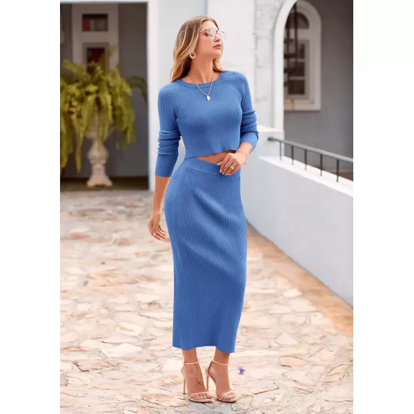 imagePRETTYGARDEN Womens Fall 2 Piece Sweater Set Rib Knit Long Sleeve Crop Top Maxi Bodycon Skirt Casual Winter OutfitsBright Blue