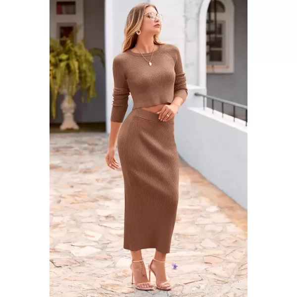 imagePRETTYGARDEN Womens Fall 2 Piece Sweater Set Rib Knit Long Sleeve Crop Top Maxi Bodycon Skirt Casual Winter OutfitsBrown