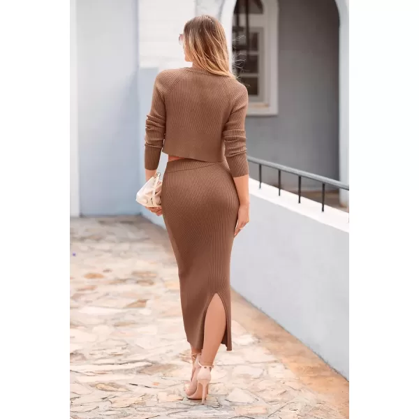 imagePRETTYGARDEN Womens Fall 2 Piece Sweater Set Rib Knit Long Sleeve Crop Top Maxi Bodycon Skirt Casual Winter OutfitsBrown