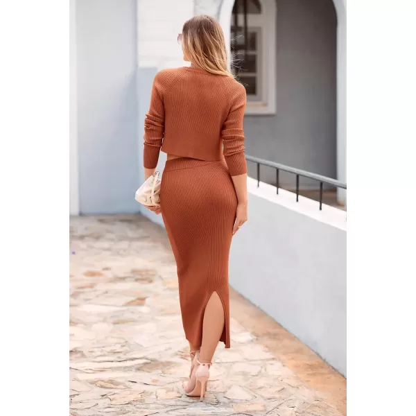 imagePRETTYGARDEN Womens Fall 2 Piece Sweater Set Rib Knit Long Sleeve Crop Top Maxi Bodycon Skirt Casual Winter OutfitsCaramel